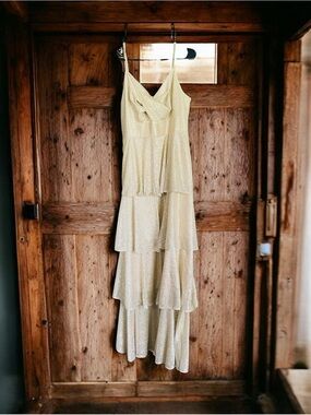 Skies Are Blue Pale Gold Shimmer Tiered Maxi Dress